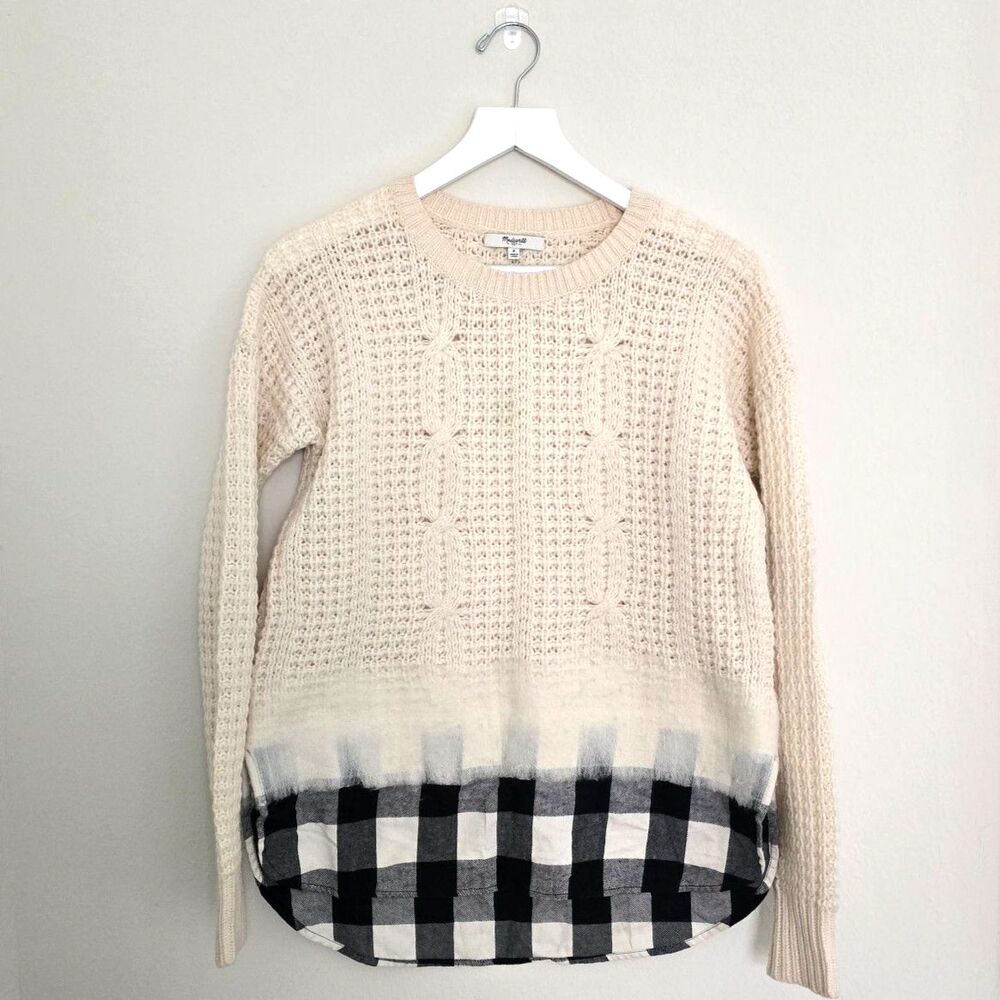 MADEWELL Wintermix 100% Merino Wool Cable Felted Cream Sweater Plaid Hem Size S